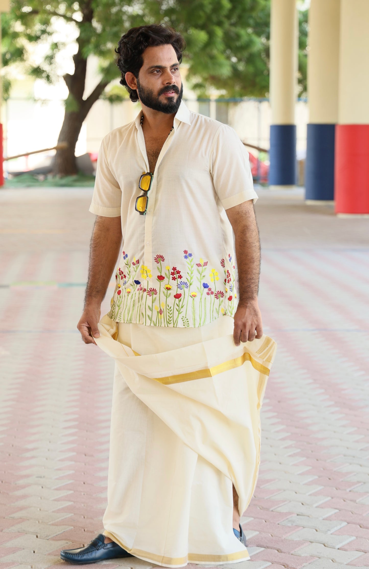 Hand-Embroidered Mul Cotton Men’s Shirt – Floral Festive Edition