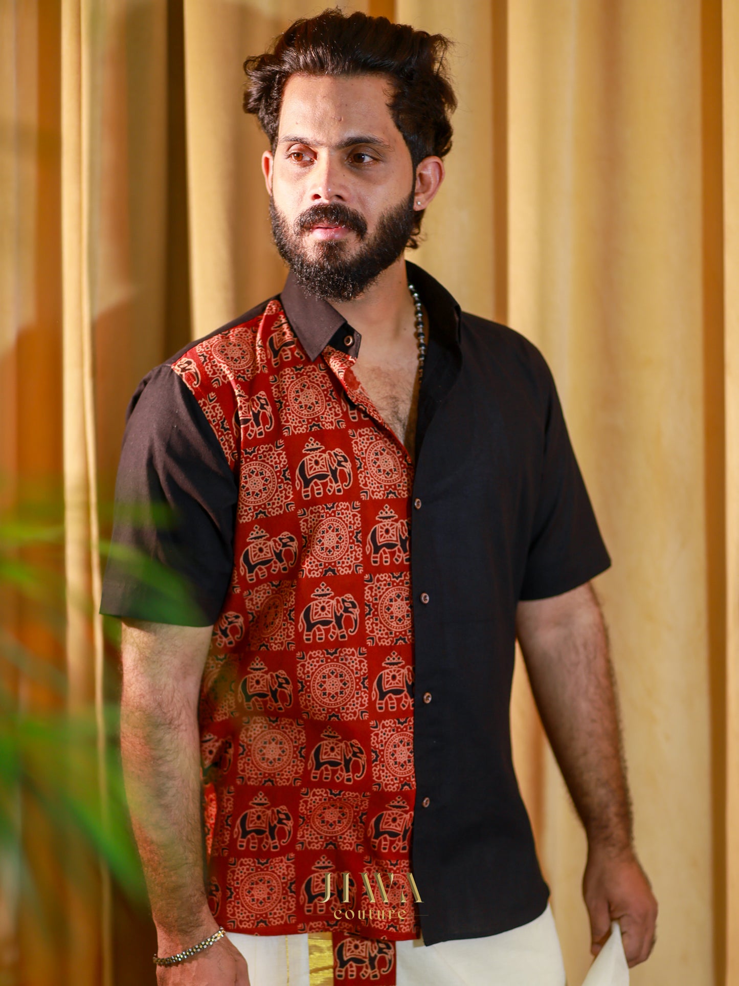 khadi cotton Black Shirt With hand block printed elephant patch