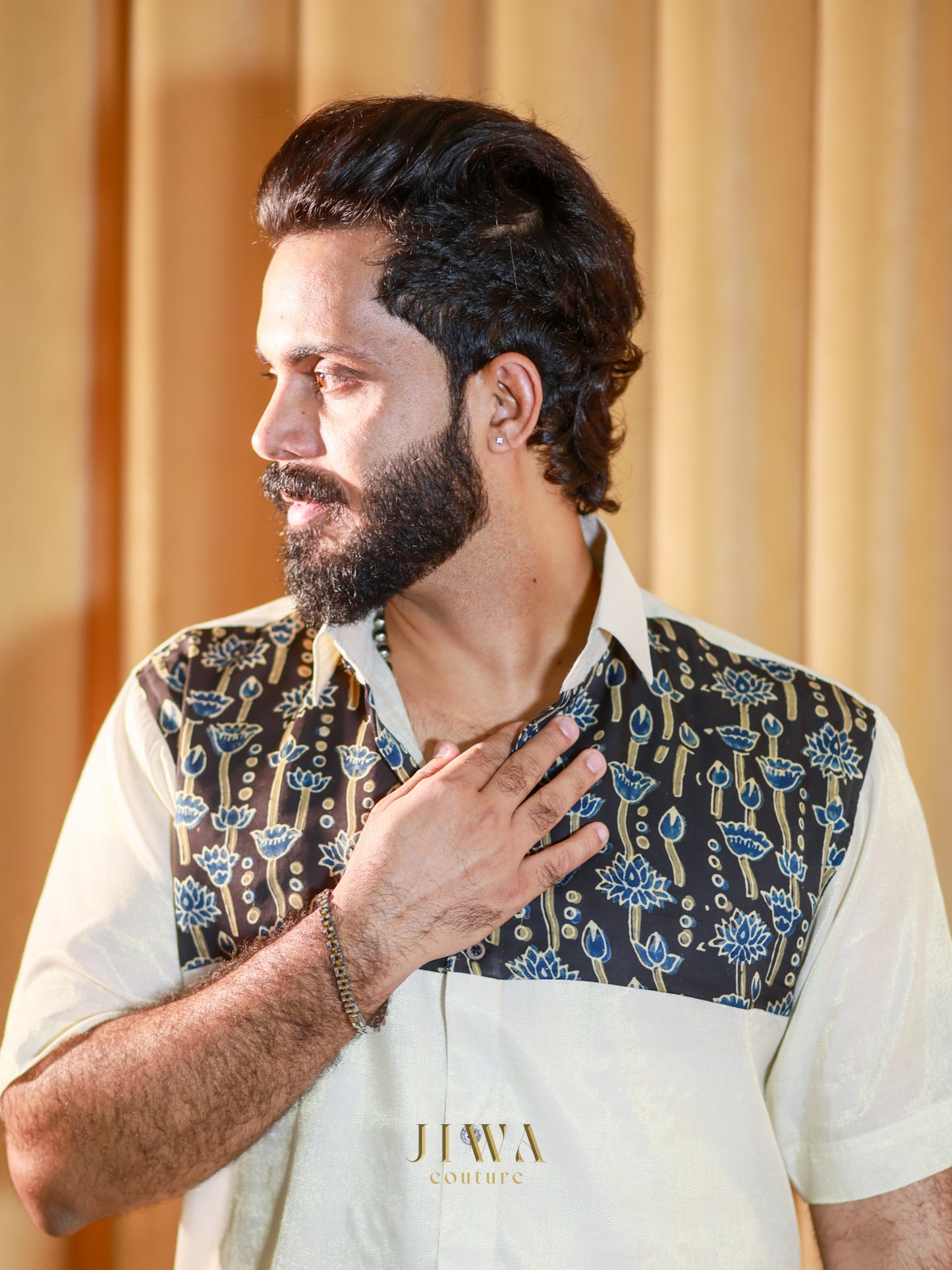 Tissue fabric bespoke shirt with modal silk patch
