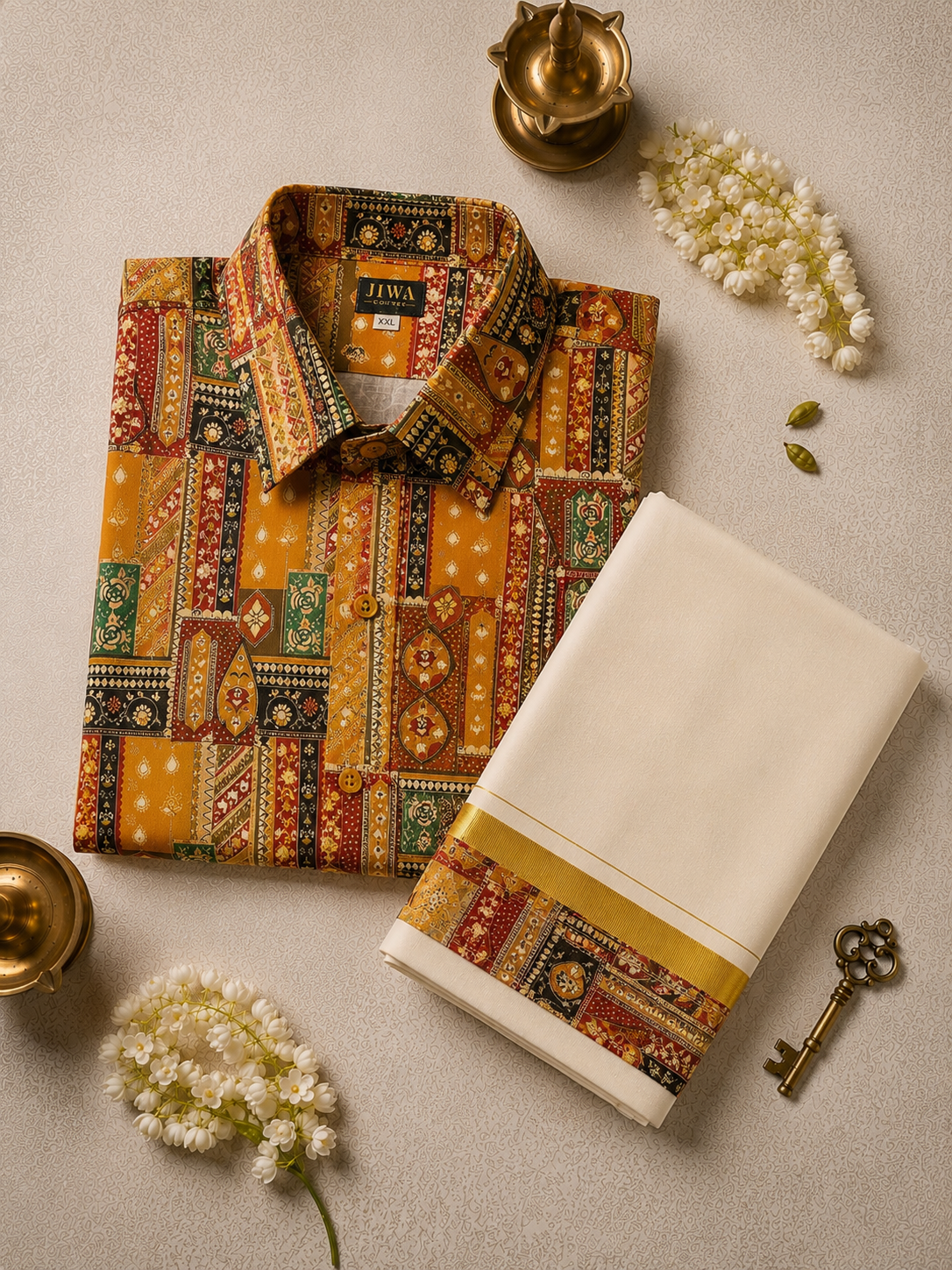Multicolor Rajasthani Patchwork Print Shirt & Mundu Set