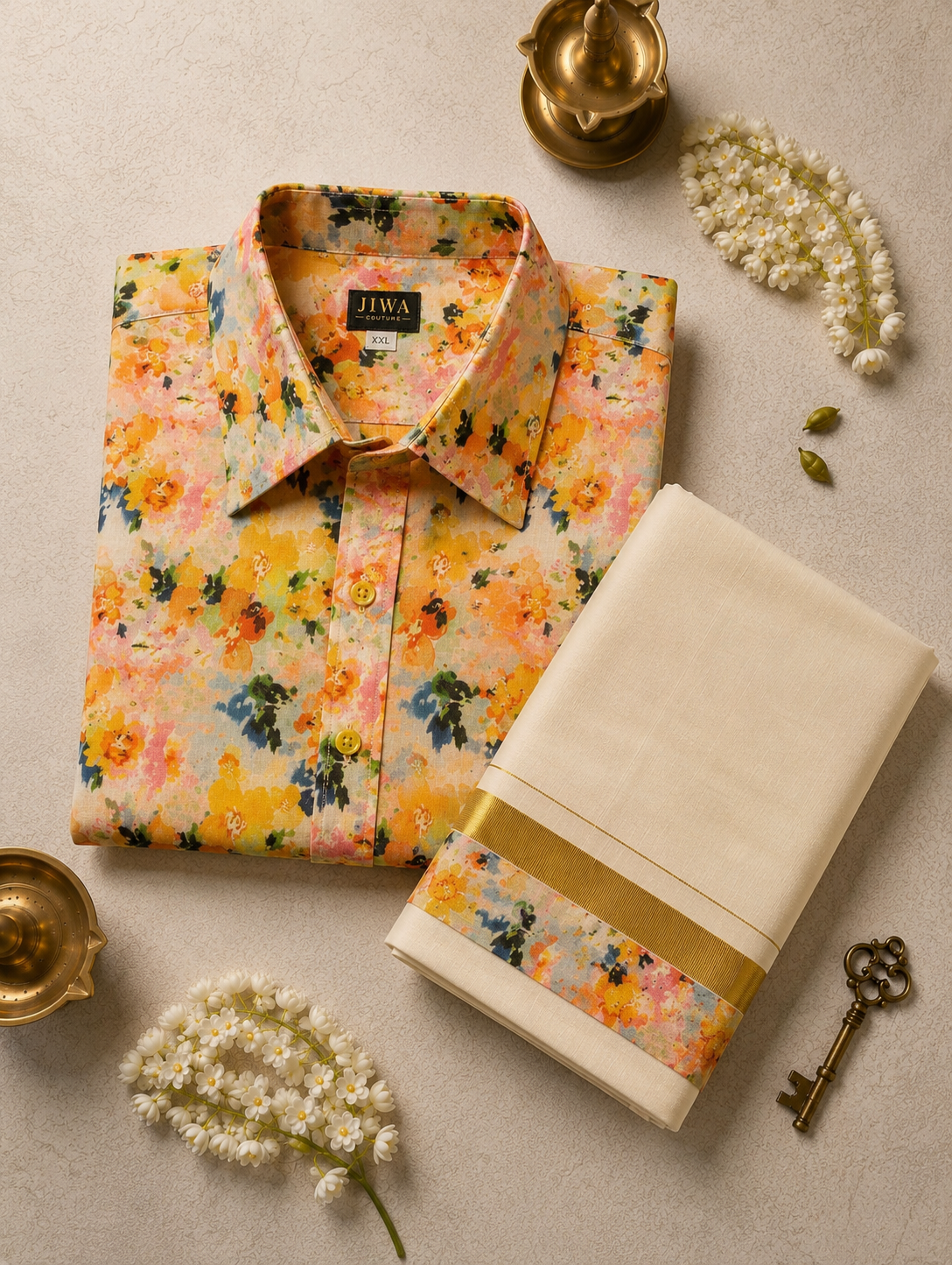 Golden Watercolor Floral Shirt & Mundu Set