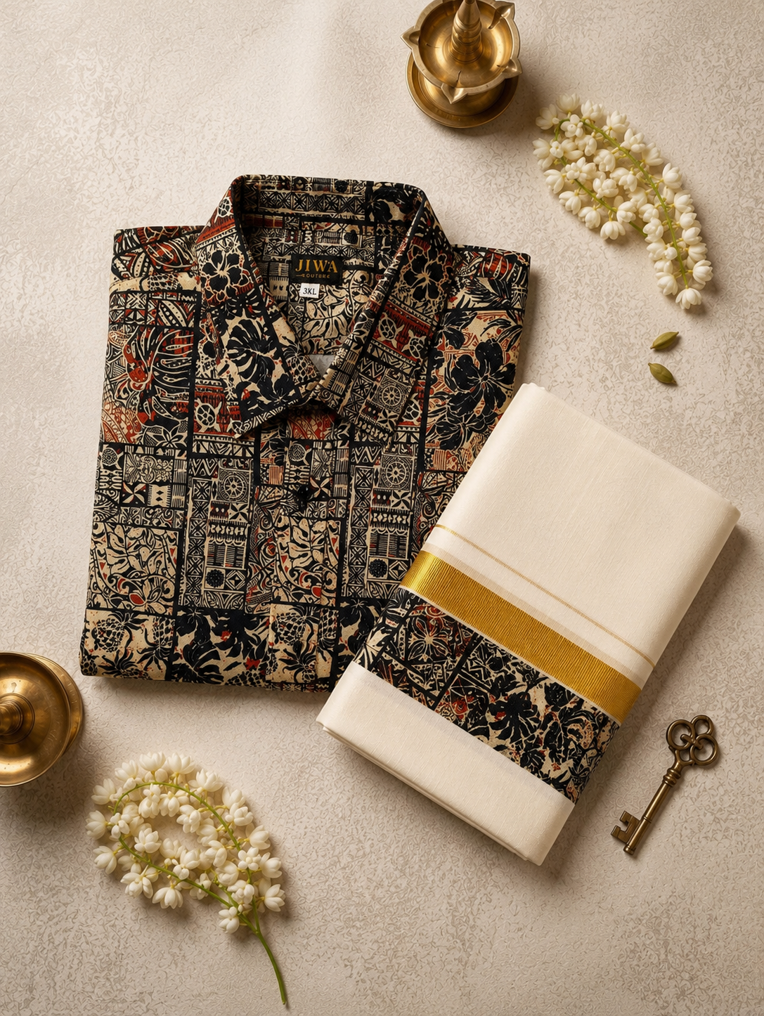 Ivory Batik Floral Print Shirt & Mundu Set