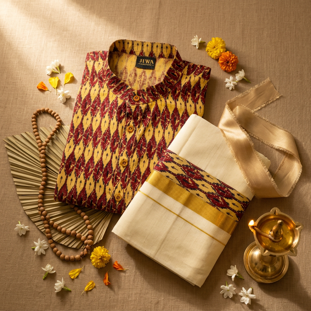 Maroon Ikat Diamond Print Shirt & Mundu Set