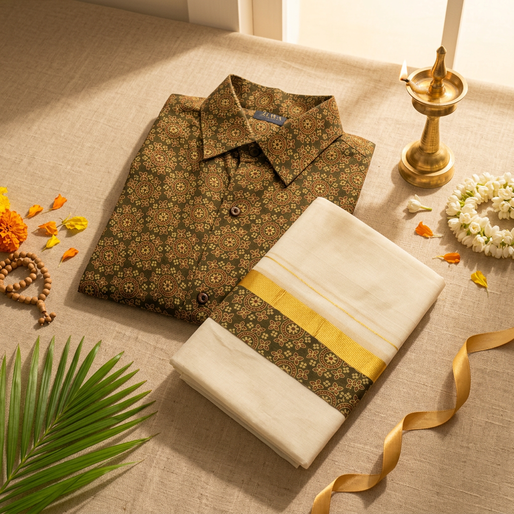 Olive Green Medallion Print Shirt & Mundu Set
