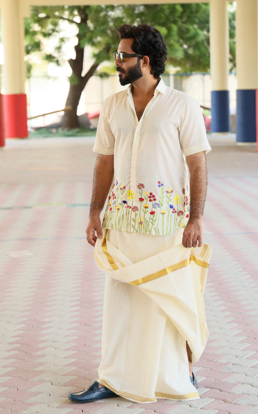 Hand-Embroidered Mul Cotton Men’s Shirt – Floral Festive Edition