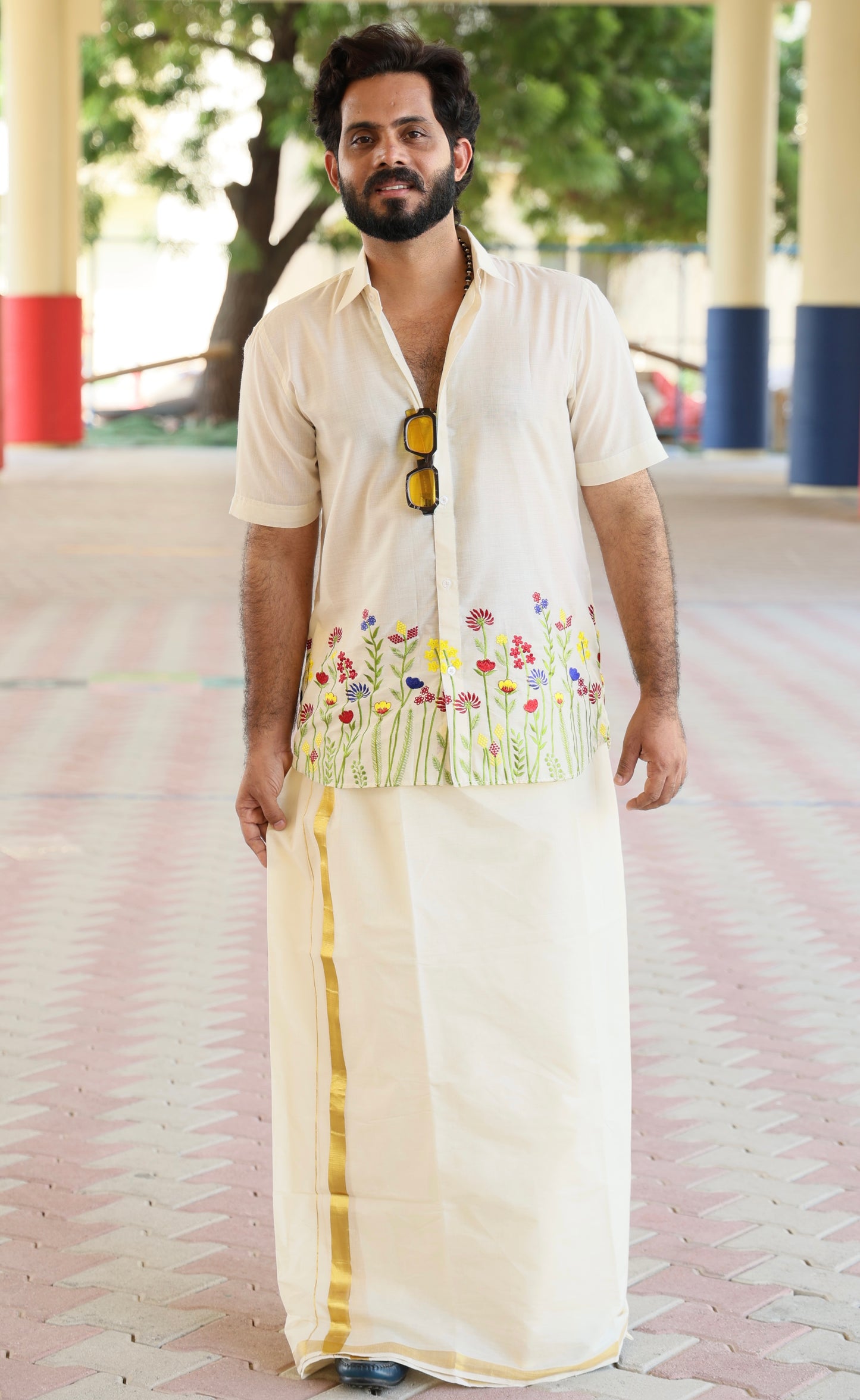 Hand-Embroidered Mul Cotton Men’s Shirt – Floral Festive Edition