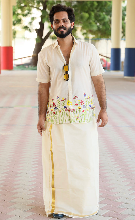 Hand-Embroidered Mul Cotton Men’s Shirt – Floral Festive Edition