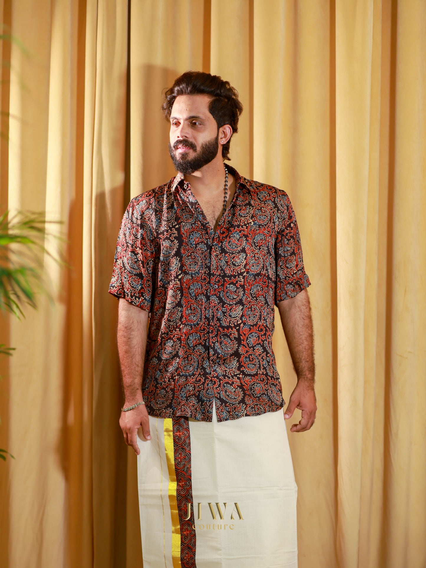 Ajrak hand block printed Modal silk shirt