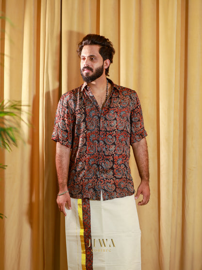 Ajrak hand block printed Modal silk shirt