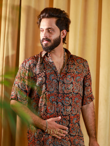 Ajrak hand block printed Modal silk shirt