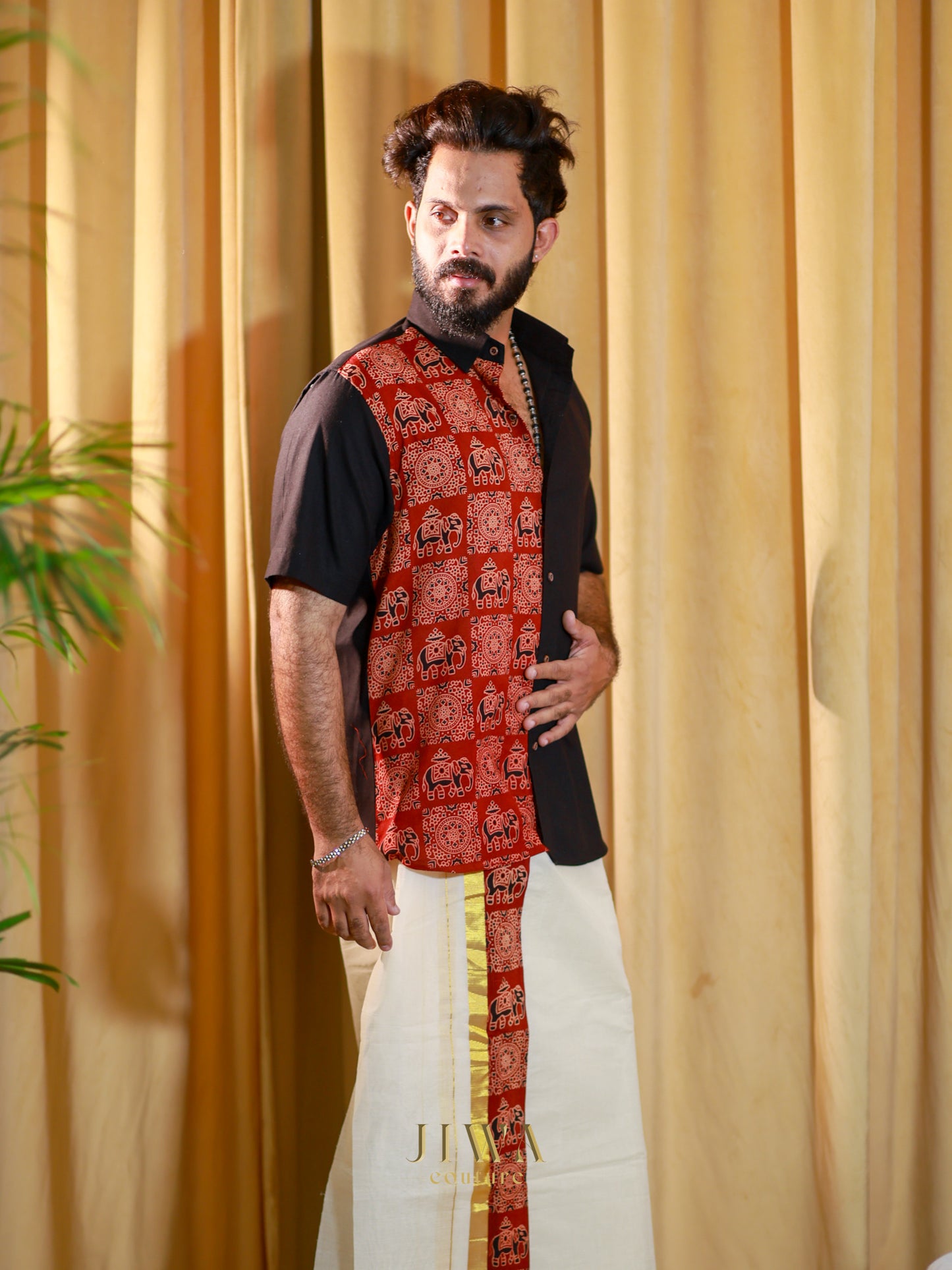 khadi cotton Black Shirt With hand block printed elephant patch