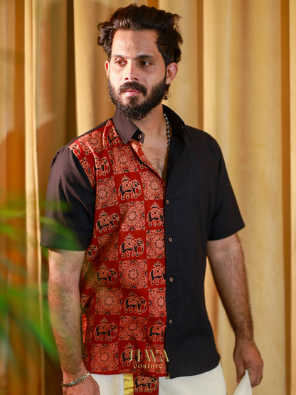 khadi cotton Black Shirt With hand block printed elephant patch