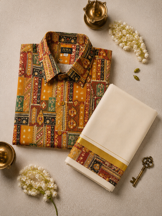 Multicolor Rajasthani Patchwork Print Shirt & Mundu Set