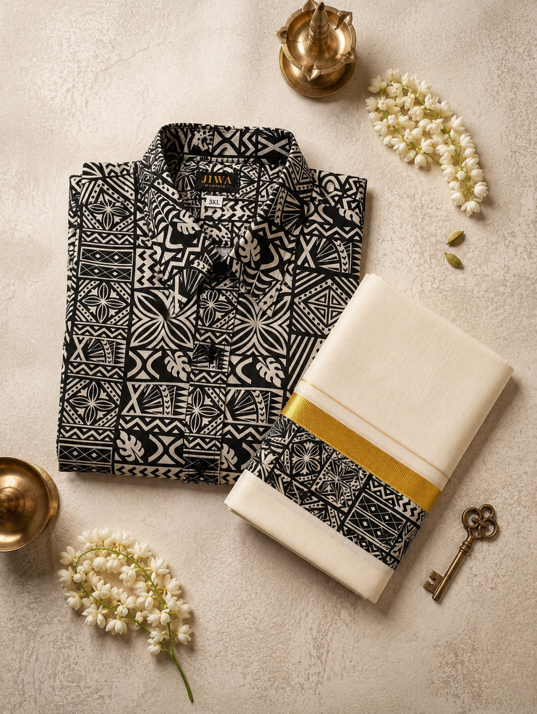 Monochrome Geometric Print Shirt & Mundu Set