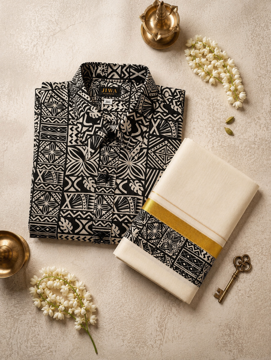 Monochrome Geometric Print Shirt & Mundu Set