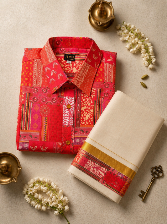 Crimson Patchwork Floral Print Shirt & Mundu Set