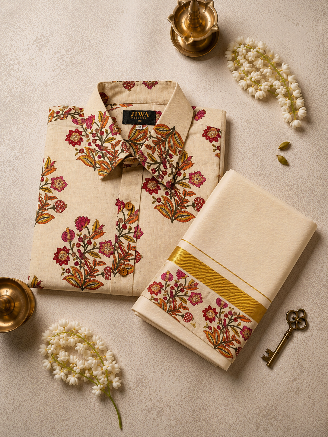 Ivory Floral Vine Print Shirt & Mundu Set