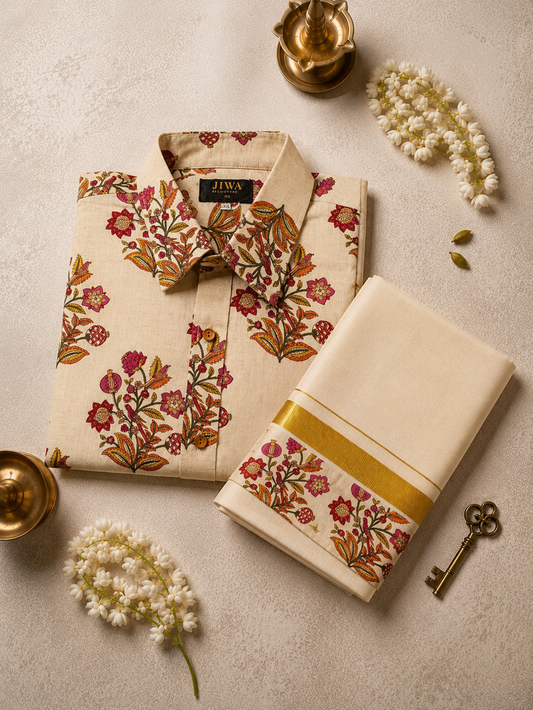 Ivory Floral Vine Print Shirt & Mundu Set
