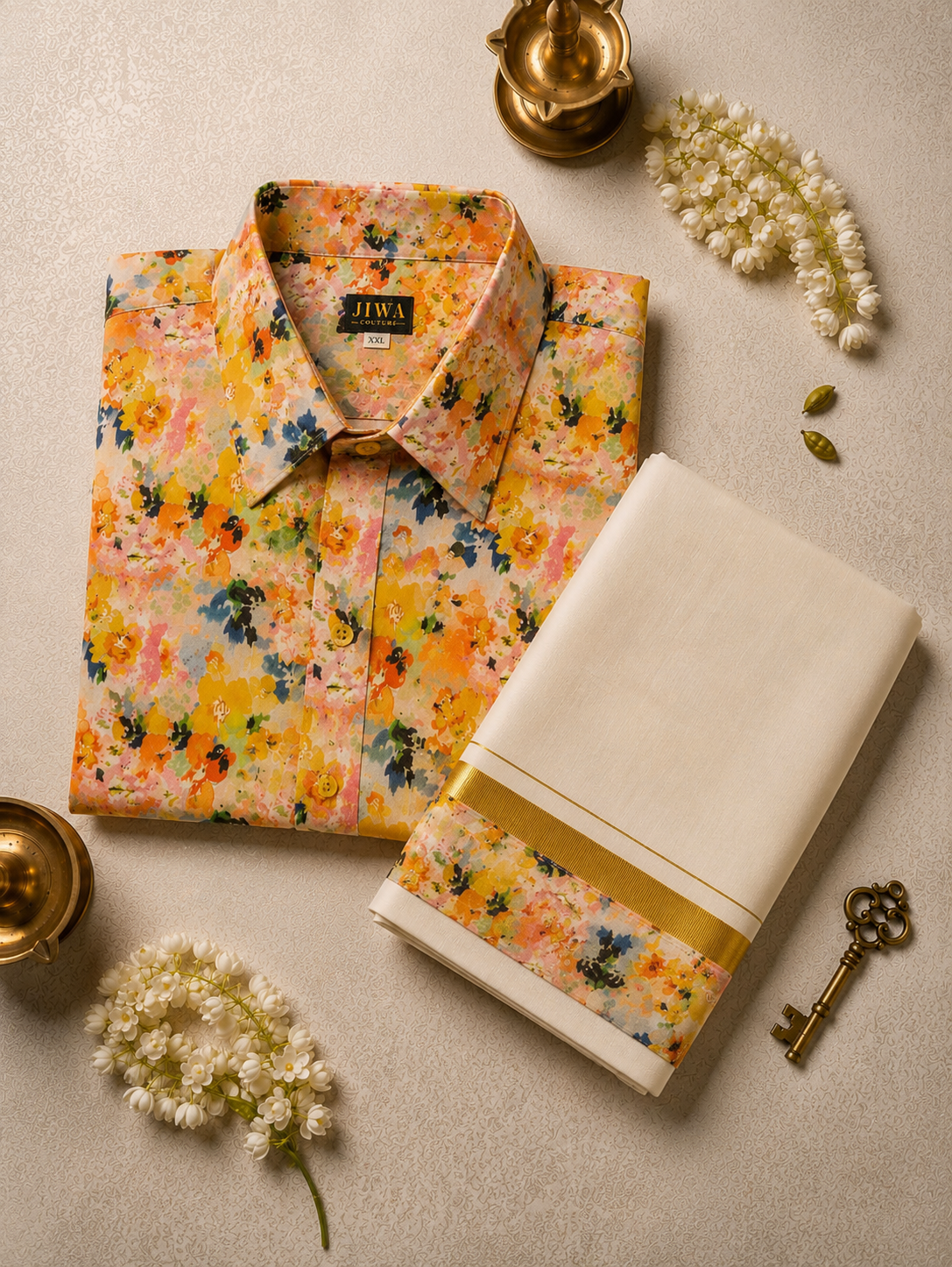 Pastel Watercolor Floral Shirt & Mundu Set