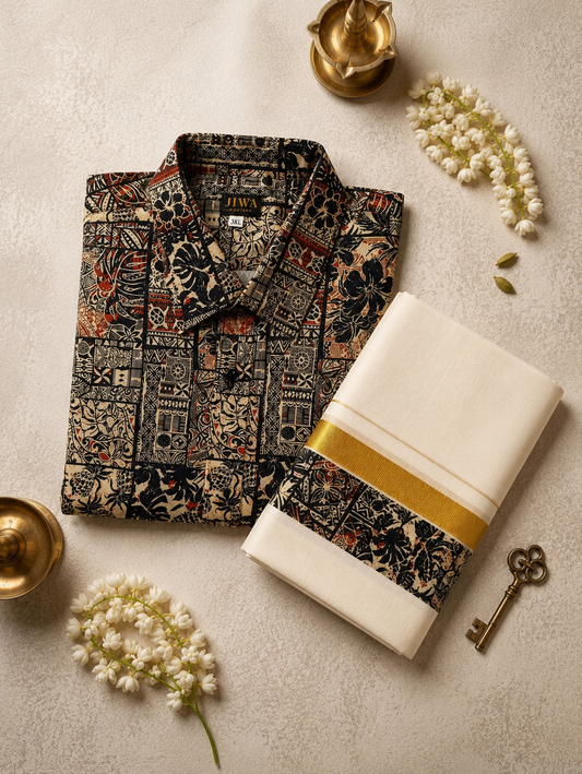Ivory Batik Floral Print Shirt & Mundu Set