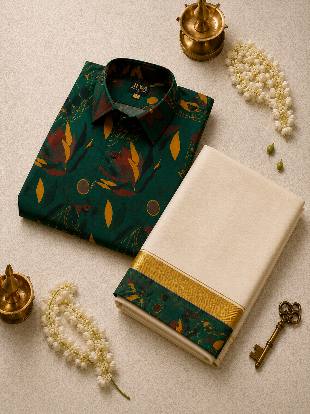 Emerald Botanical Print Shirt & Mundu Set