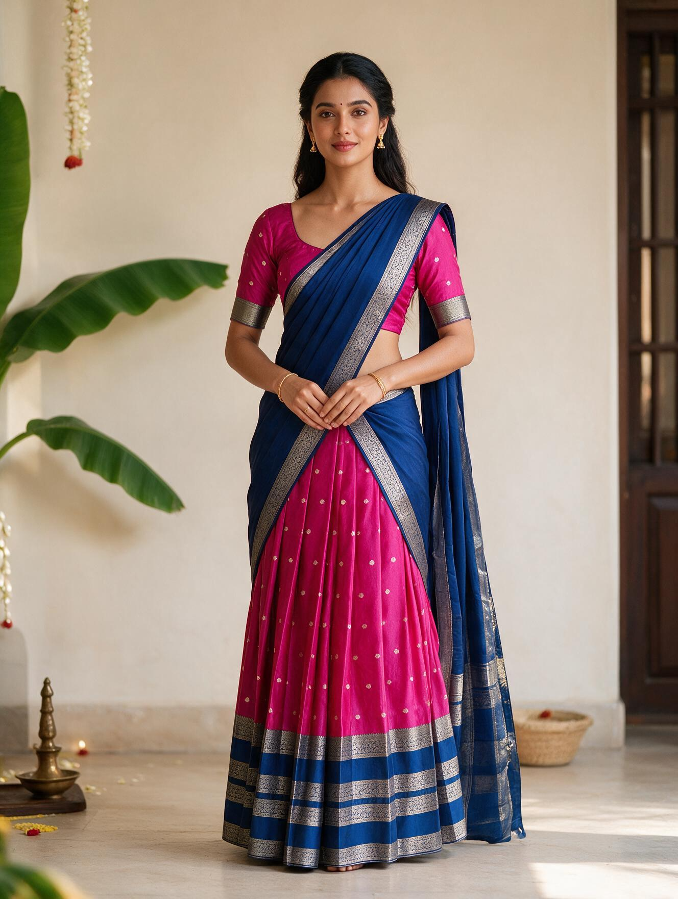 Pink & Royal Blue Semi-Silk Dhawani Set