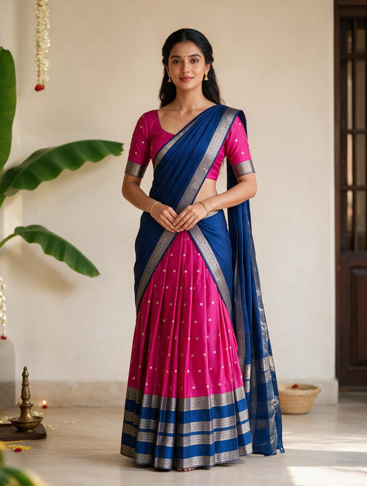 Pink & Royal Blue Semi-Silk Dhawani Set
