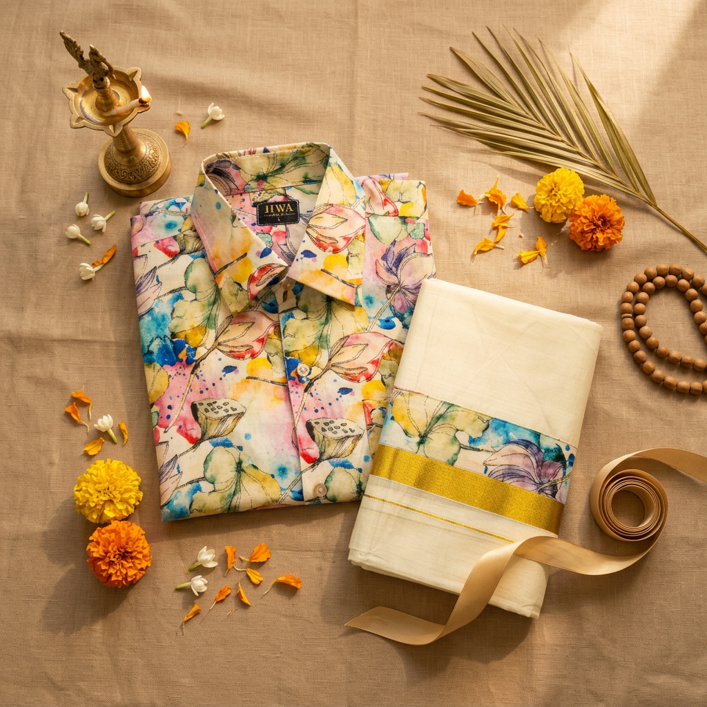 Pastel Watercolor Floral Shirt & Mundu Set