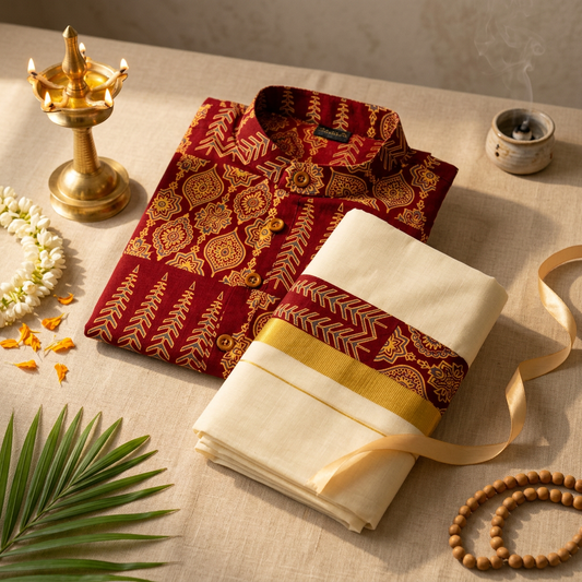 Maroon Medallion & Chevron Print Shirt & Mundu Set