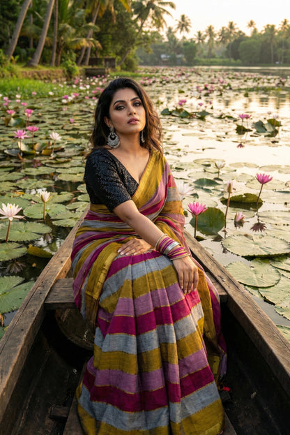 Striped mulmul cotton saree