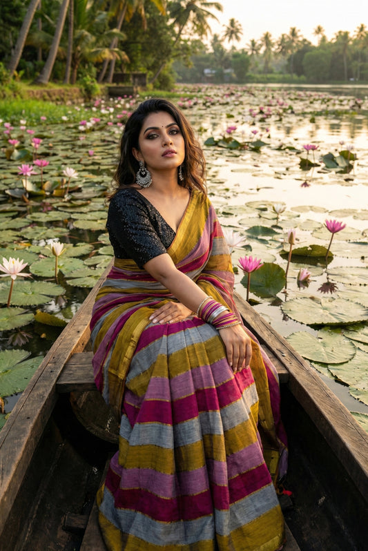 Striped mulmul cotton saree