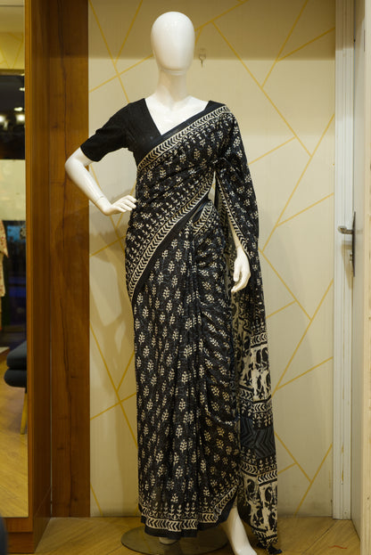 Organic cotton block-printed saree