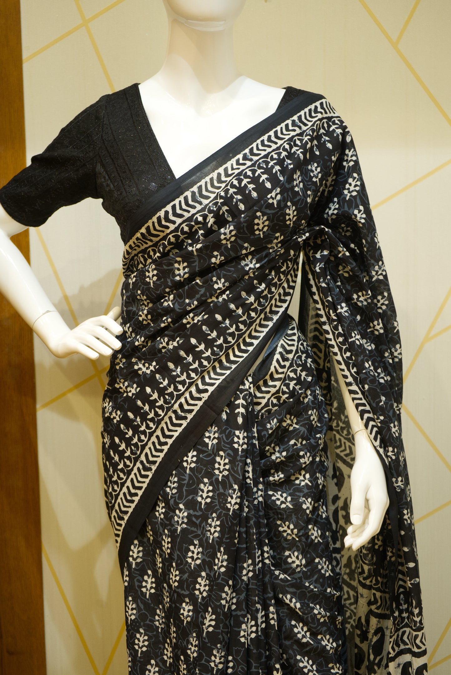 Organic cotton block-printed saree