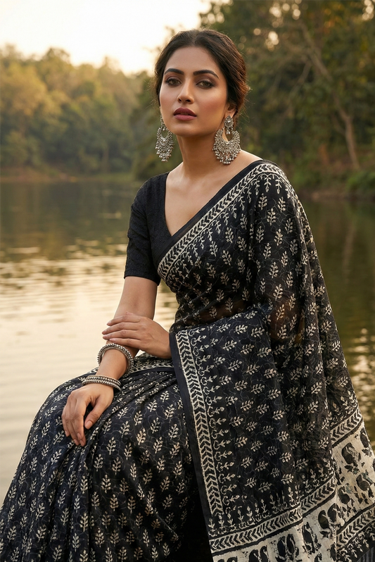 Organic cotton block-printed saree